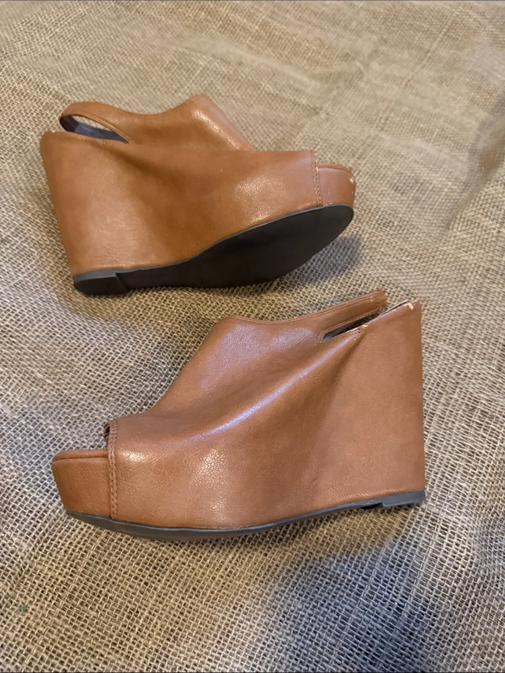 Steve Madden Tan Leather Peep-Toe Wedge Slingback Heels